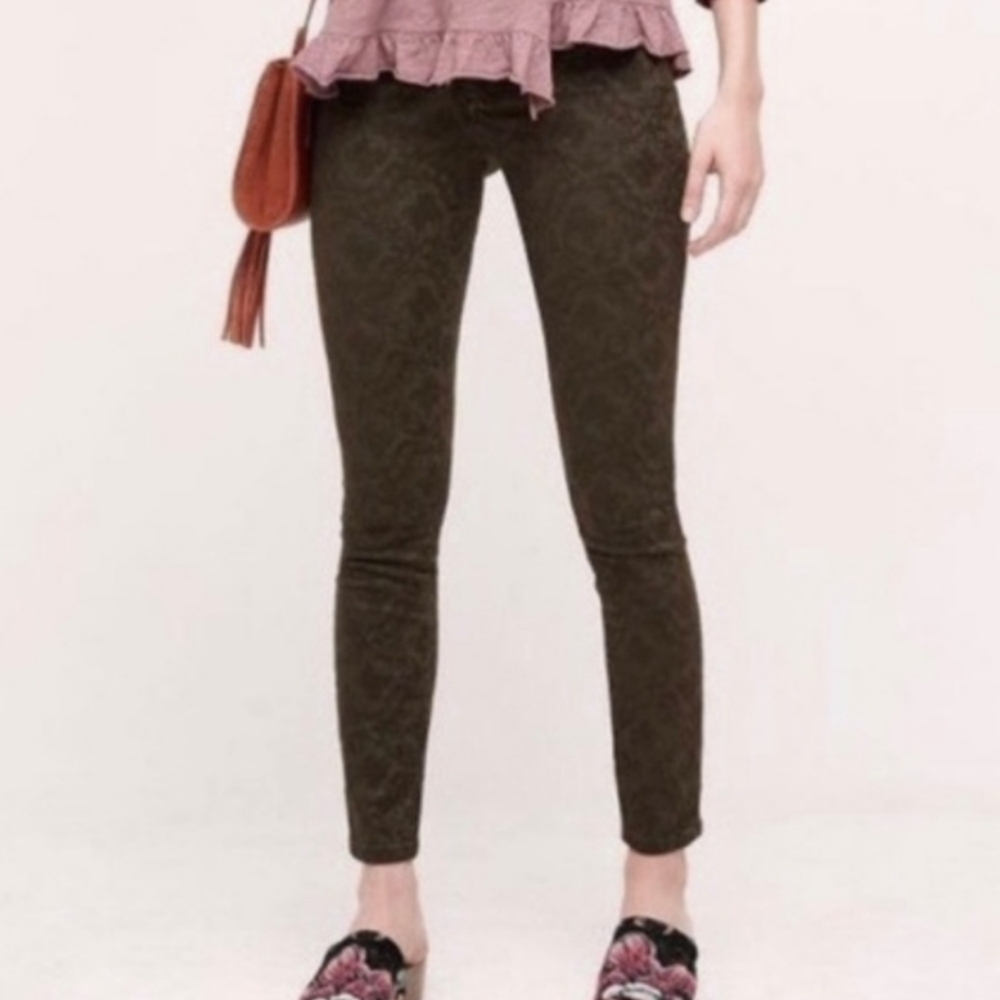 Anthro Pilcro Olive Jaquard Serif Pants